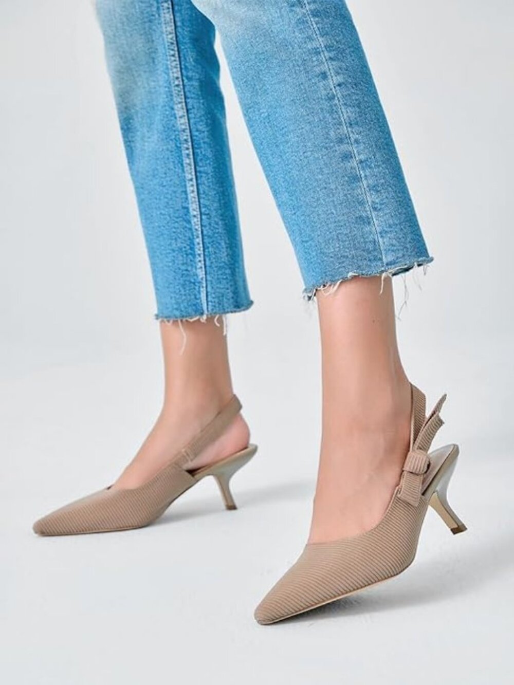 Coutgo Pointed Toe Slingback Kitten Heels - Knitted Bowknot Work Pumps